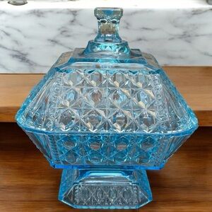 Antique 1885 Adams Glass & Co Blue Valencia Waffle Butter Dish Compote #85